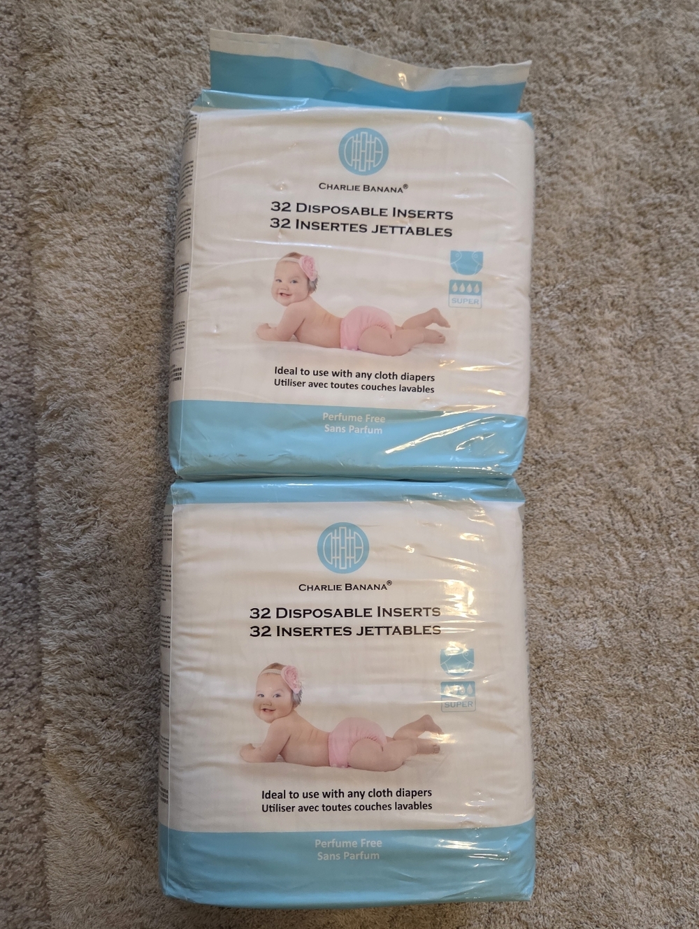LOT OF 2 (32x2=64) Charlie Banana Disposable Cotton Diaper Inserts NEW SEALED